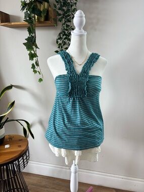 Candie's Teal Striped Ruffle Halter Tank